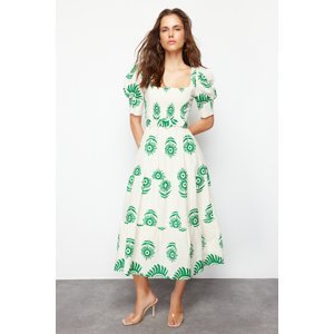 Trendyol Green Patterned Square Collar Linen Look Woven Midi Dress with Belt