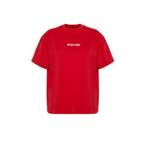 Trendyol Curve Red Slogan Printed Oversize Knitted T-shirt