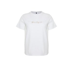 Trendyol Curve White Print and Embroidery Detailed Boyfriend Knitted T-shirt