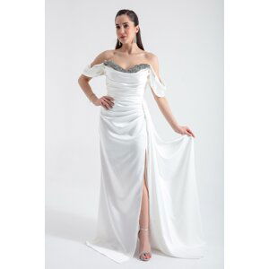 Lafaba Women's White Boat Neck Slit Long Satin Evening Dress