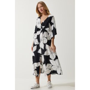 Happiness İstanbul Women's Black and White Wrapover Neck Patterned Summer Viscose Dress