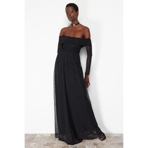 Trendyol Black Carmen Collar Tulle Long Evening Dress