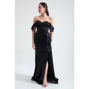 Lafaba Women's Black Heart Neck Frilly Long Satin Evening Dress