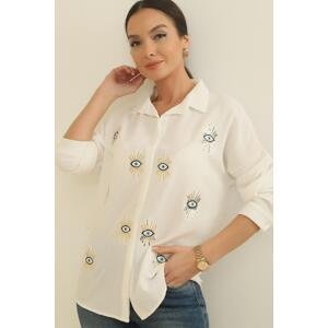 By Saygı Sequin Embroidered Eye Pattern Oversize Crepe Linen Shirt
