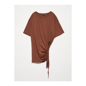 Dilvin 30184 Side Gathered T-Shirt-Brown