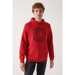 Avva Men's Red Hooded 3-Thread Fleece Printed Regular Fit Sweatshirt