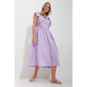 Trend Alaçatı Stili Women's Lilac Shirt Collar Half Pop Ruffle Detail Hidden Zipper Midi Length Dress