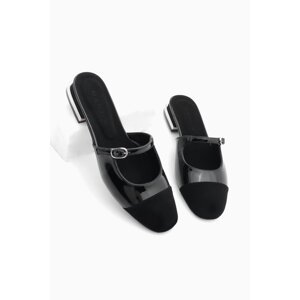 Marjin Women's Closed Front Block Heeled Slippers Mary Jane Tosya Black Patent Leather