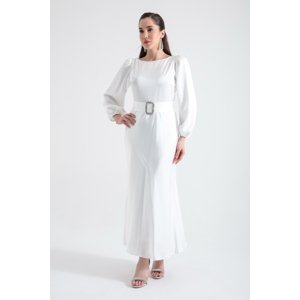 Lafaba Women's White Belted Midi Satin Evening Dress