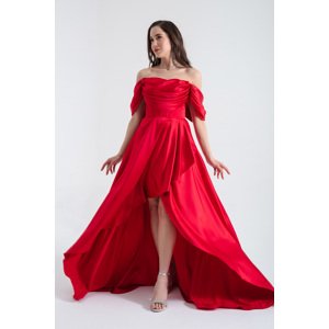 Lafaba Women's Red Boat Neck Flounce Long Satin Evening Dress