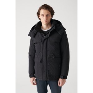 Avva Men's Black Hooded Collar Fibrous Water Repellent Comfort Fit Comfortable Cut Coat