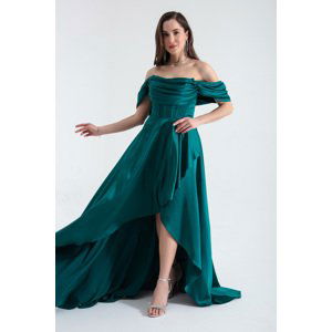 Lafaba Women's Emerald Green Boat Neck Flounce Long Satin Evening Dress