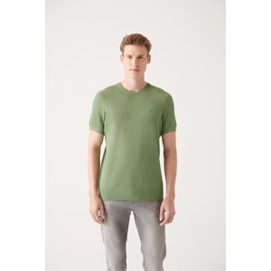 Avva Men's Aqua Green Crew Neck Textured Ribbed Standard Fit Regular Cut Knitwear T-shirt