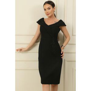 By Saygı Madonna Neck Appliqué Lined Crepe Dress