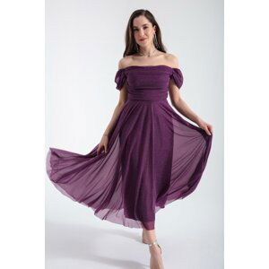 Lafaba Women's Damson Boat Neck Draped Midi Flared Evening Dress