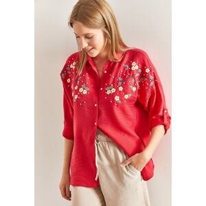 Bianco Lucci Women's Daisy Embroidered Folding Sleeves Airon Linen Shirt