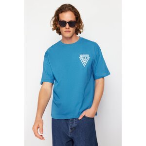 Trendyol Blue Oversize/Wide-Fit Crew Neck City Printed 100% Cotton T-Shir