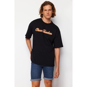 Trendyol Black Oversize/Wide Cut Text Applique Embroidered 100% Cotton Short Sleeve T-Shirt