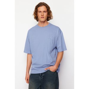 Trendyol Blue Oversize Relief Printed 100% Cotton T-Shirt