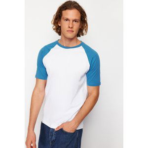 Trendyol Blue Regular/Regular Fit Black Sleeve Paneled 100% Cotton Short Sleeve T-Shirt