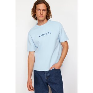 Trendyol Blue Relaxed/Comfortable Cut Fluffy Text Printed Short Sleeve T-Shirt with Solid Fabric