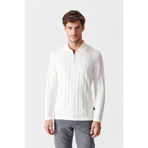 Avva Men's White Polo Neck Jacquard Half Zipper Sweater