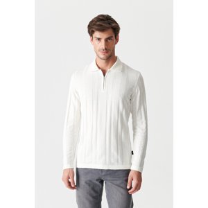 Avva Men's White Polo Neck Jacquard Half Zipper Sweater