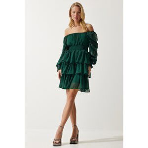 Happiness İstanbul Women's Emerald Green Flounce Chiffon Dress