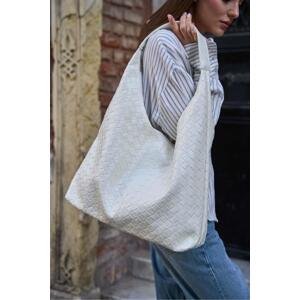 Madamra Ecru Women's Knitted Patterned Leather Shoulder Bag