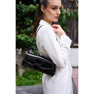 Madamra Women's Black Shiny Patent Leather Diana Rectangle Clamshell Bag -
