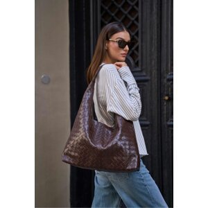 Madamra Brown Women's Knitted Patterned Leather Shoulder Bag