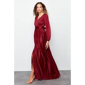 Trendyol Burgundy Satin Belt Detailed Long Evening Dress