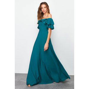 Trendyol Emerald Green Waist Opening/Skater Woven Flounced Long Evening Dress