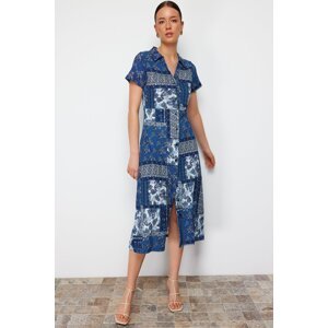 Trendyol Navy Blue Printed Polo Collar A-line/Bell Form Wrap/Textured Knitted Midi Dress