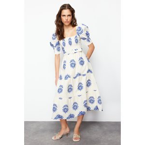 Trendyol Blue Patterned Square Collar Linen Look Woven Midi Dress with Belt