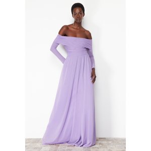 Trendyol Lilac Carmen Collar Tulle Long Evening Evening Dress