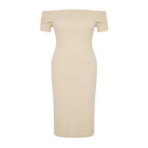 Trendyol Curve Beige Fitted/Fitted Carmen Collar Ribbed Soft Textured Midi Flexible Knitted Dress