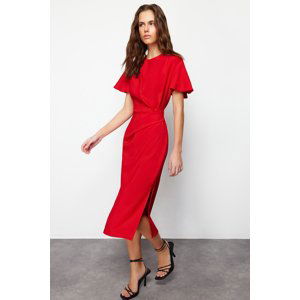 Trendyol Red Straight Cut Gathered Midi Woven Dress