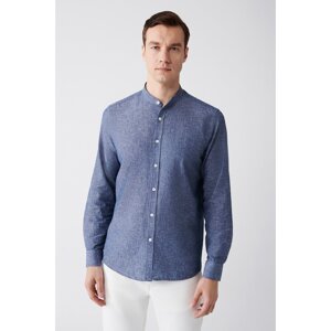 Avva Men's Indigo Judge Collar Linen Blended Standard Fit Regular Cut Shirt