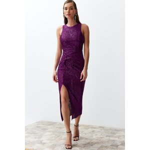 Trendyol Purple Fitted Knitted Glittering Sequined Elegant Evening Dress