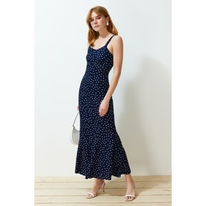 Trendyol Navy Blue Patterned Strappy Fitted Ribbed Flexible Knitted Maxi Pencil Dress