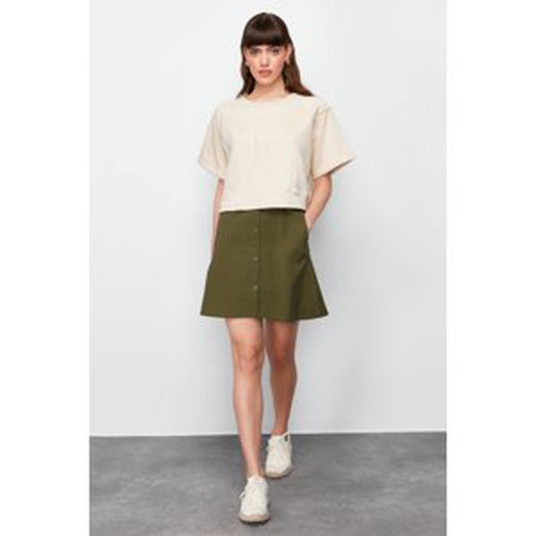 Trendyol Stone-Khaki Parachute Skirt Detailed Crew Neck Midi Knitted T-shirt Dress