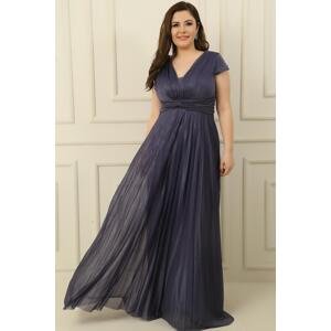 By Saygı V-Neck Waist And Front Draped Lined Pleated Silvery Long Crepe Dress