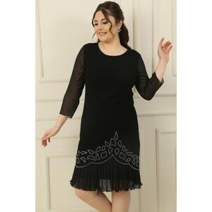 By Saygı Chiffon Pleated Stone Detailed Plus Size Crepe Dress With Sleeves And Both