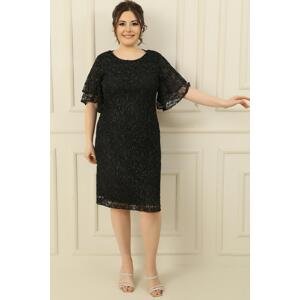 By Saygı Plus Size Silvery Lace Dress with Short Flounce Sleeves