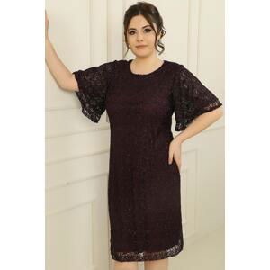 By Saygı Plus Size Silvery Lace Dress with Short Flounce Sleeves