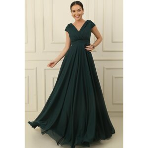 By Saygı Double Breasted Neck Nail Sleeve Full Circle Flared Lined Chiffon Tulle Long Dress