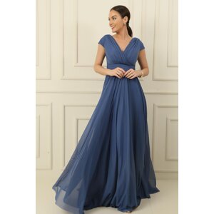 By Saygı Double Breasted Neck Nail Sleeve Full Circle Flared Lined Chiffon Tulle Long Dress