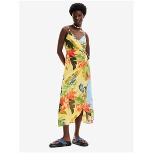 Women's Yellow Wrap Beach Maxi Dress Desigual Tropical Leaves - Women