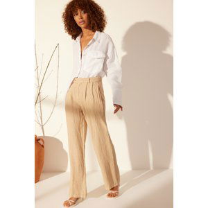 Trendyol Beige 100% Linen Pleated High Waist Wide Leg Trousers